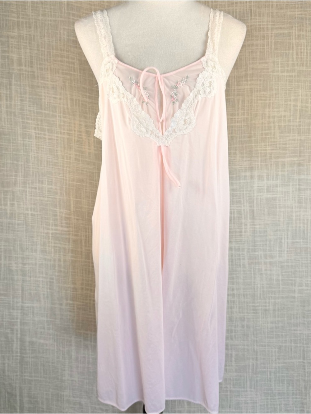 Vintage Sears Pink Nylon Lace Slip Dress Embroidered Tie Front Cottagecore Midi